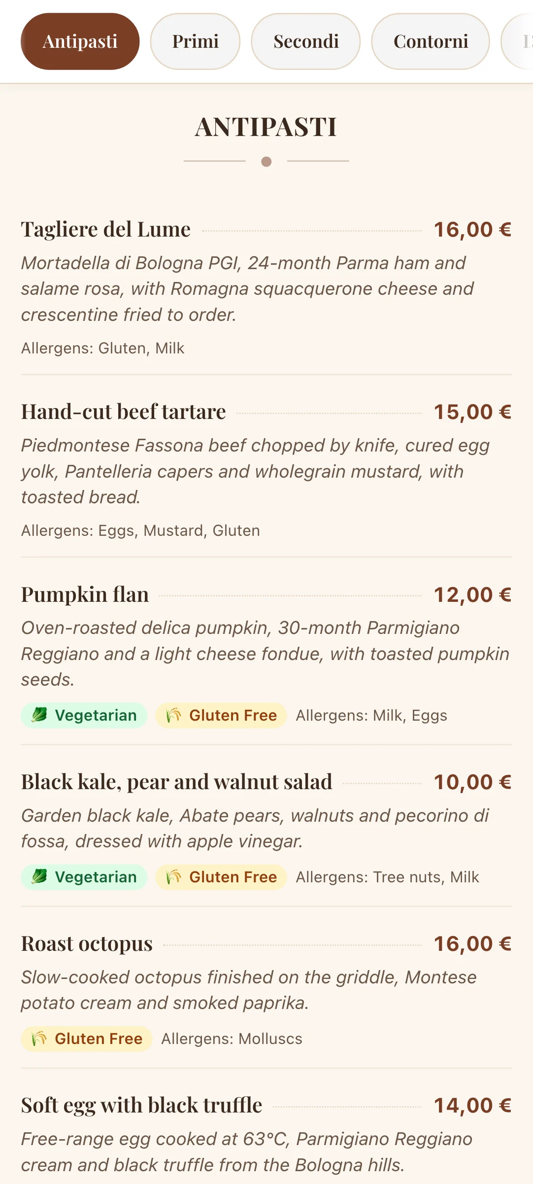 Il menù di un ristorante d'esempio in inglese, sul telefono di un ospite