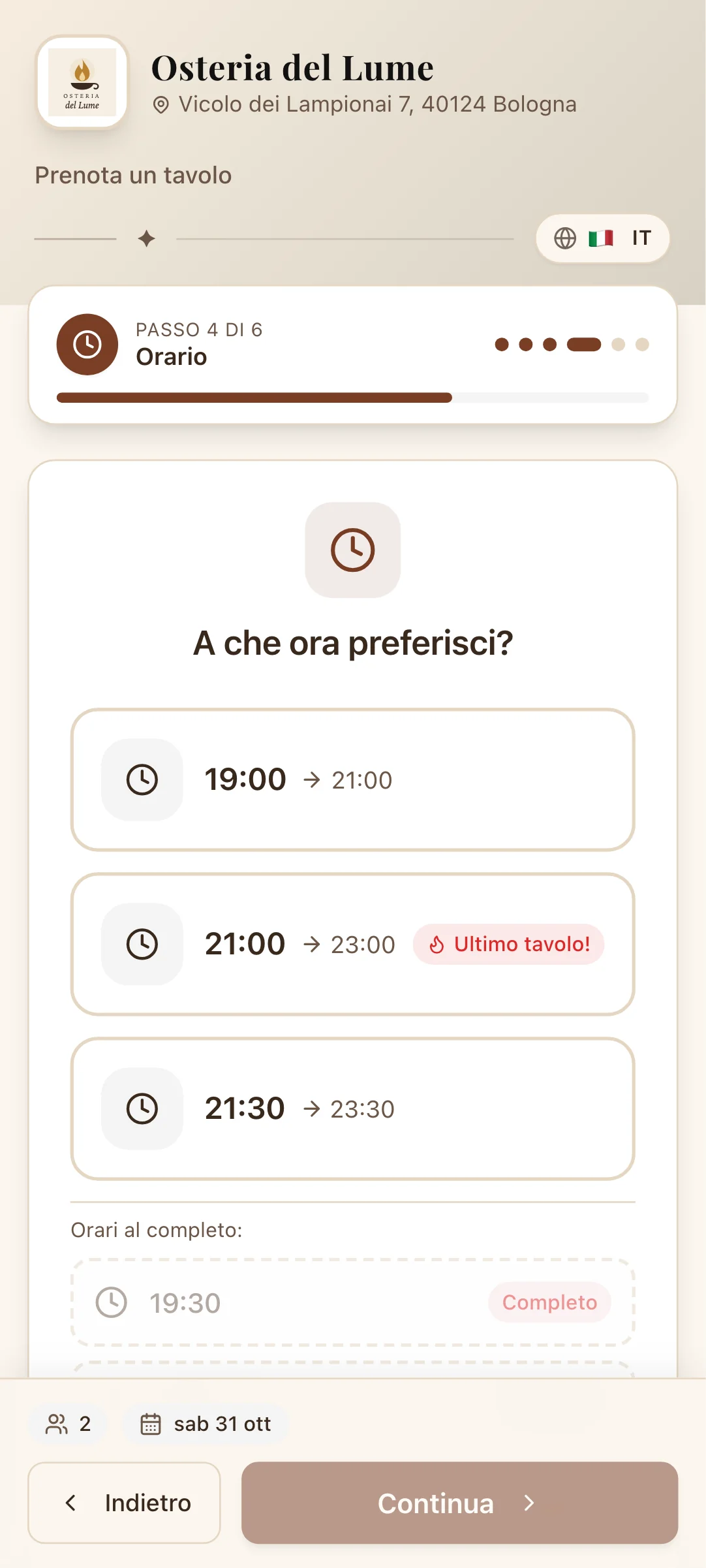 La pagina di prenotazione di un ristorante d'esempio, sul telefono di un ospite: la scelta dell'orario