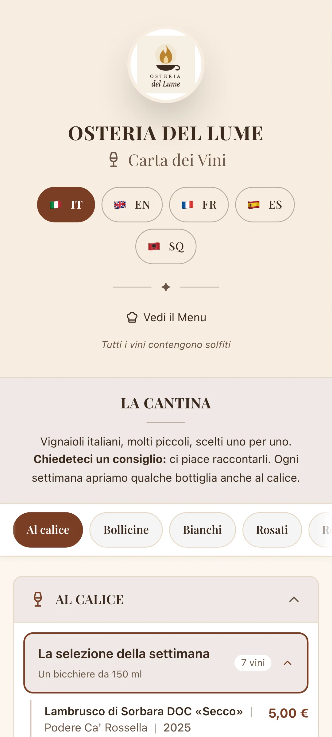 La carta dei vini di un locale d'esempio, sul telefono di un ospite